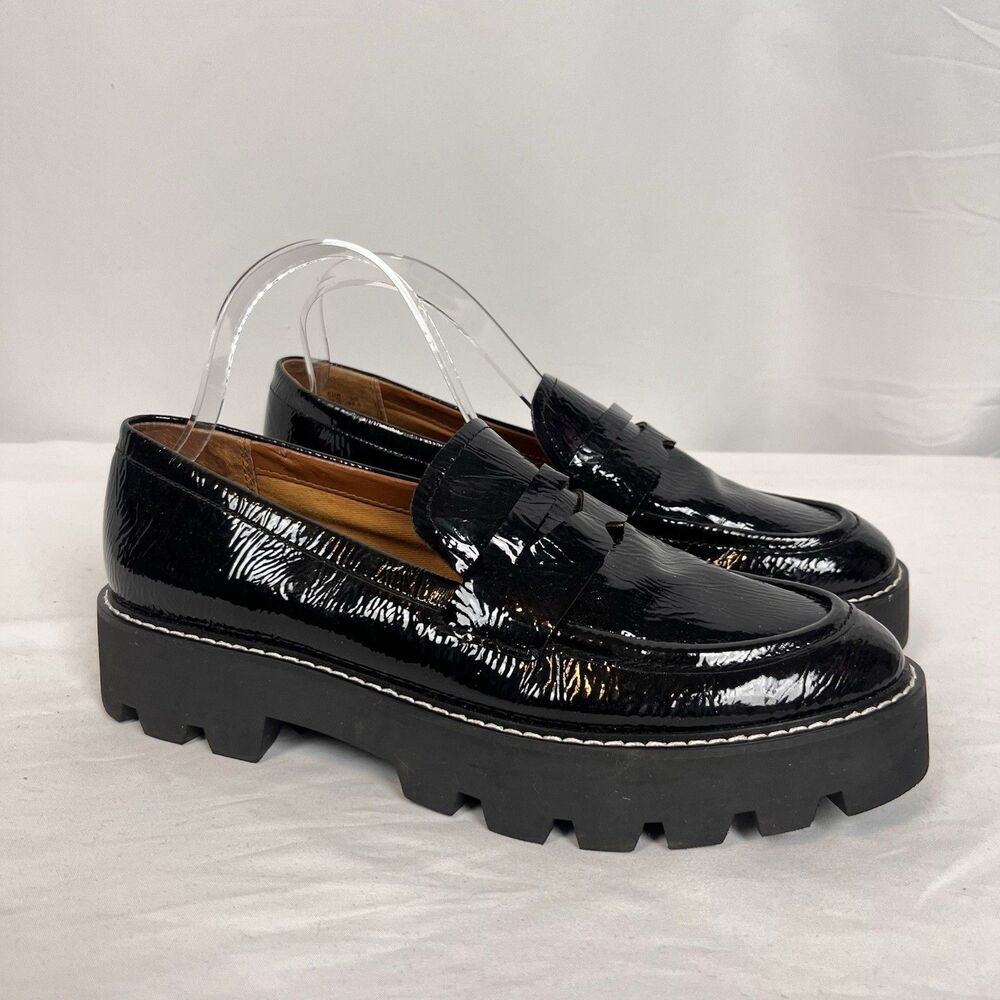Franco Sarto Black Patent Loafers Lug Sole Preppy Academia Chic Size 8.5